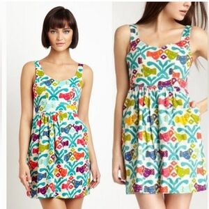 Judith March Aztec Bird Print‎ Dress Large – Tie-Back, Pockets, Boho Chic